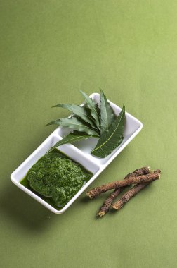 Tıbbi Neem Yapıştır yapraklar ve dallar ile yeşil arka plan üzerinde bırakır