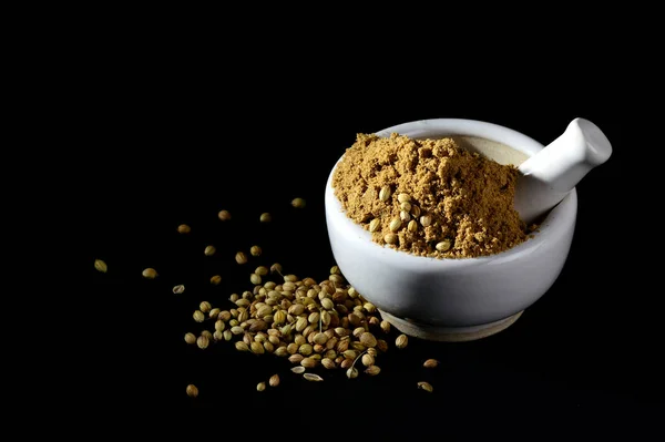 Coriander Powder Seeds Mortar Pestle Black Background — ストック写真