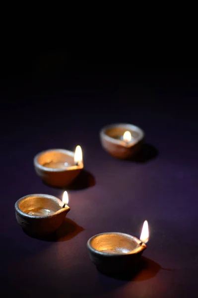 Colorful Clay Diya Lantern Lamps Lit Diwali Celebration Greetings Card — 스톡 사진