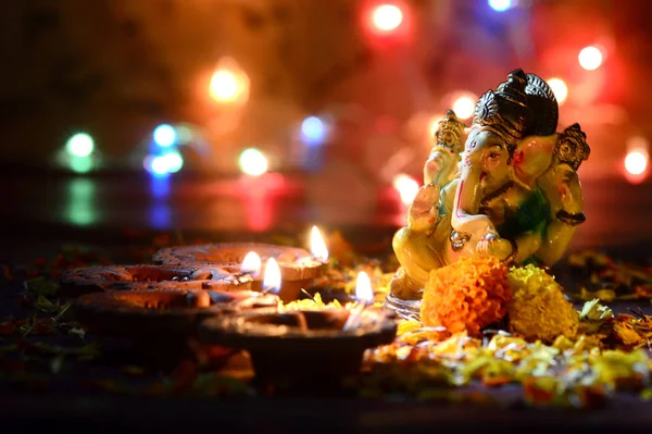Clay Diya Lamps Lit Lord Ganesha Diwali Celebration Greetings Card — Stock Photo, Image