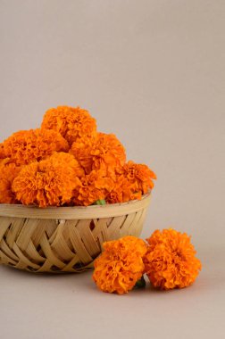 Bambu sepetinde Marigold (Zendu Çiçekleri) çiçekleri.