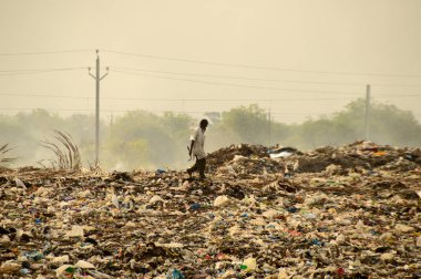 Amravati, Maharashtra, Hindistan - 09 Nisan 2014: Çöpte tanımlanamayan bez toplayıcıları geri dönüşümlü malzeme arıyorlar. Hindistan 'daki kara ve hava kirliliği 09 Nisan 2014' te, Amravati, Hindistan.