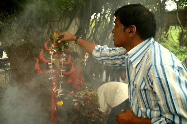 Nagpur, Maharashtra, India - 01 augustus: Mensen aanbidden Snake God in "Nag Panchami" festival. Het is de traditionele aanbidding van slangen of slangen waargenomen door Hindoes in Nagpur, India op 01 Augustus 2014 — Stockfoto