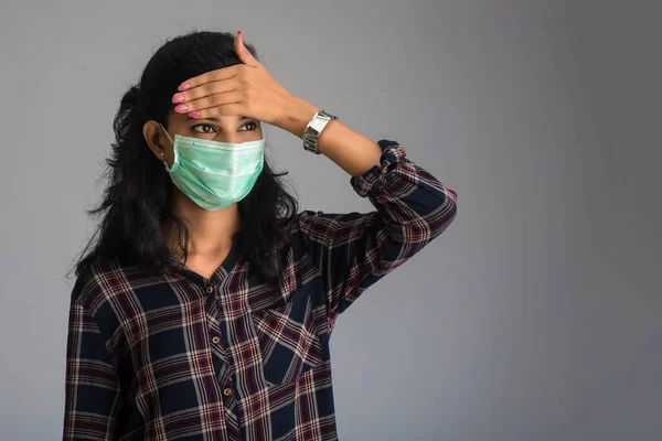 Beautiful Woman Having Fever Wearing Medical Mask Feeling Sick Ill — Stock Photo, Image