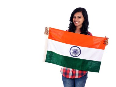 Beyaz arka planda Hint bayrağı ya da üç renkli bir kız, Hint Bağımsızlık Günü, Hindistan Cumhuriyeti Günü