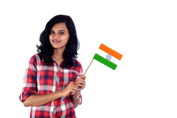 Lány Indiai Zászló Vagy Trikolor Fehér Alapon Indiai Függetlenség Napja — Stock Fotó