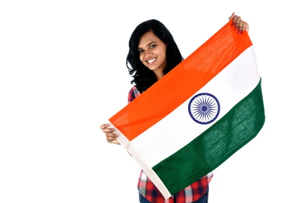 Meisje Met Indiase Vlag Tricolor Witte Achtergrond Indiase Onafhankelijkheidsdag Indiase — Stockfoto