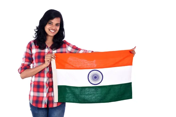 印度国旗或三色旗白色背景的女孩 印度独立日 印度共和国日 — 图库照片