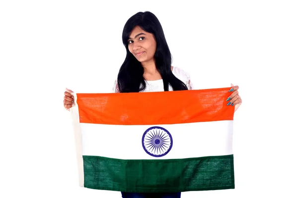 Meisje Met Indiase Vlag Tricolor Witte Achtergrond Indiase Onafhankelijkheidsdag Indiase — Stockfoto