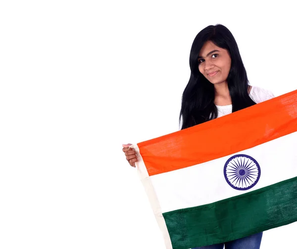 Lány Indiai Zászló Vagy Trikolor Fehér Alapon Indiai Függetlenség Napja — Stock Fotó