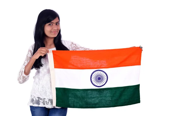 Meisje Met Indiase Vlag Tricolor Witte Achtergrond Indiase Onafhankelijkheidsdag Indiase — Stockfoto