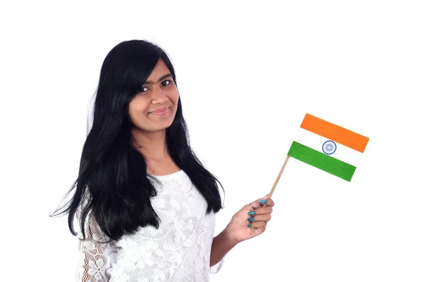 白底印度国旗或三色旗的女孩 印第安人独立日 印第安人共和国日 — 图库照片