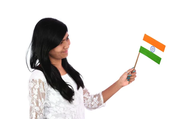 白底印度国旗或三色旗的女孩 印第安人独立日 印第安人共和国日 — 图库照片