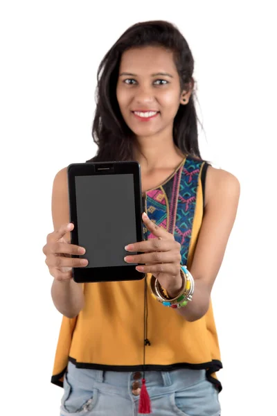 Young Beautiful Woman Holding Blank Screen Smart Phone White Background — Stock Photo, Image