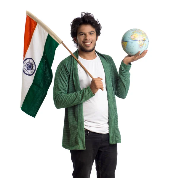 Nuori Mies Jolla Intian Lippu Tai Tricolor Jolla Maailman Maapallo — kuvapankkivalokuva