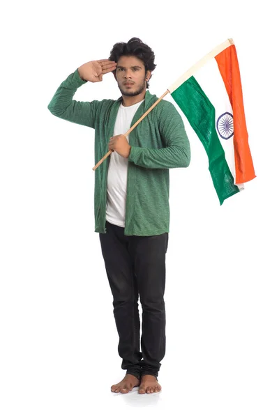 Jovem Com Bandeira Indiana Tricolor Fundo Branco Dia Independência Indiana — Fotografia de Stock