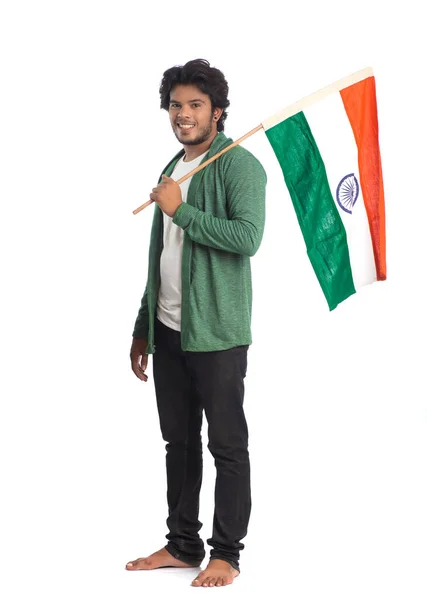 白地にインディアンの旗や三色を持つ若い男 インド独立記念日 インド共和国の日 — ストック写真