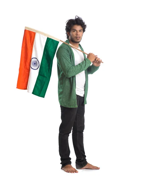 白地にインディアンの旗や三色を持つ若い男 インド独立記念日 インド共和国の日 — ストック写真