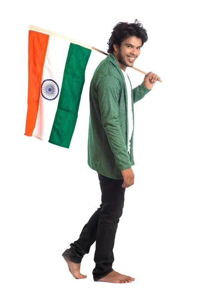 Jongeman Met Indiase Vlag Tricolor Witte Achtergrond Indiase Onafhankelijkheidsdag Indiase — Stockfoto