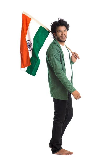 Beyaz Arka Planda Hint Bayrağı Renkli Genç Adam Hint Bağımsızlık — Stok fotoğraf