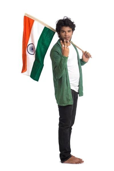 Jongeman Met Indiase Vlag Tricolor Witte Achtergrond Indiase Onafhankelijkheidsdag Indiase — Stockfoto