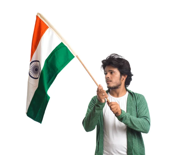 Joven Con Bandera India Tricolor Sobre Fondo Blanco Día Independencia —  Fotos de Stock