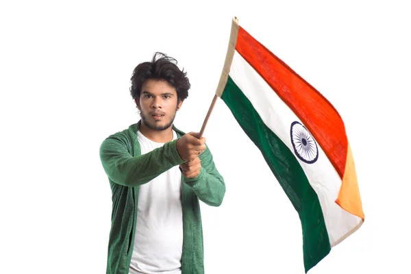 印度独立日 印度共和国日 白底印度国旗或三色旗的年轻人 — 图库照片