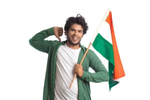 Jongeman Met Indiase Vlag Tricolor Witte Achtergrond Indiase Onafhankelijkheidsdag Indiase — Stockfoto