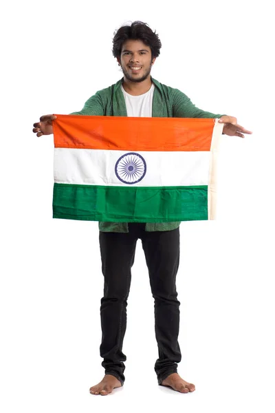 Joven Con Bandera India Tricolor Sobre Fondo Blanco Día Independencia —  Fotos de Stock