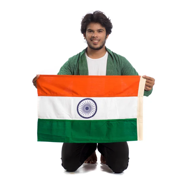 Jongeman Met Indiase Vlag Tricolor Witte Achtergrond Indiase Onafhankelijkheidsdag Indiase — Stockfoto