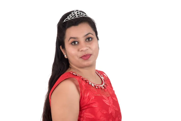 Young Girl Red Dress Posing White Background — Stock Photo, Image