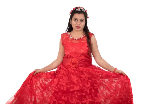 Young Girl Red Dress Posing White Background — Stock Photo, Image