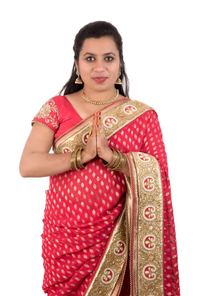 Beautiful Indian Girl Tradition Sari Welcome Expression Inviting Greeting Namaste — Stock Photo, Image