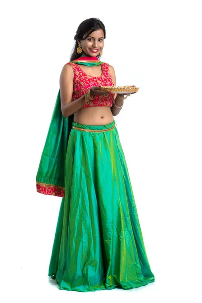 Portrait Indian Traditional Girl Holding Diya Girl Celebrating Diwali Deepavali — Stok Foto