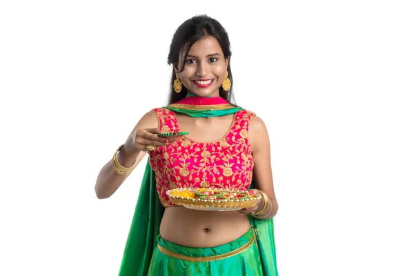 Portrait Indian Traditional Girl Holding Diya Girl Celebrating Diwali Deepavali — Stok Foto