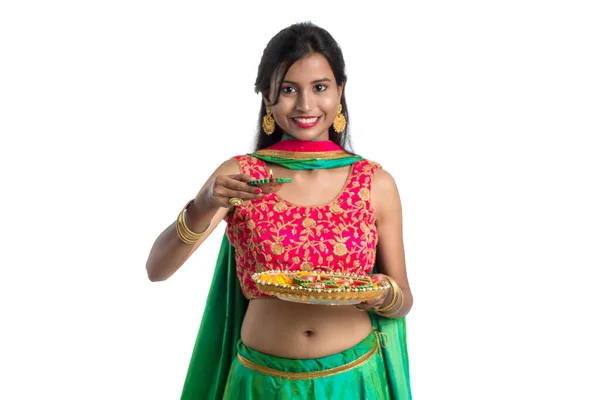 Porträt Eines Traditionellen Indischen Mädchens Mit Diya Mädchen Die Diwali — Stockfoto