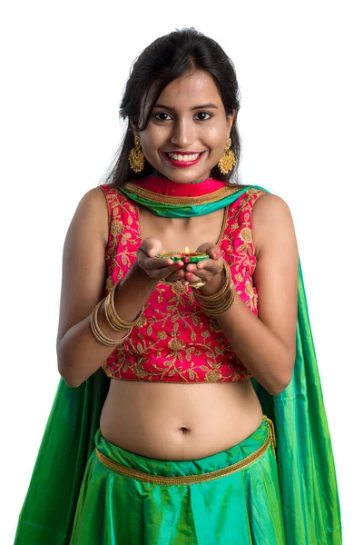 Porträt Eines Traditionellen Indischen Mädchens Mit Diya Mädchen Die Diwali — Stockfoto