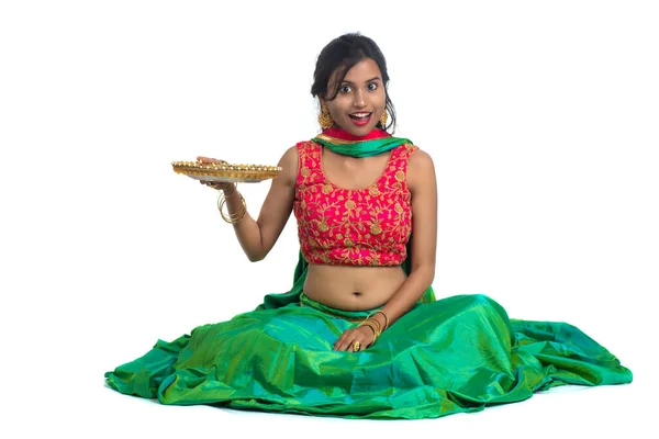Porträt Eines Traditionellen Indischen Mädchens Mit Diya Mädchen Die Diwali — Stockfoto