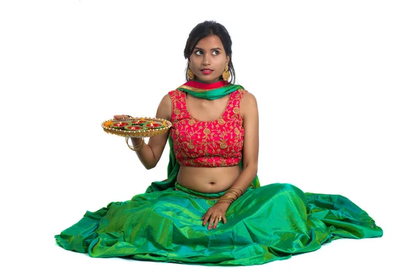 Portrait Indian Traditional Girl Holding Diya Girl Celebrating Diwali Deepavali — Stok Foto