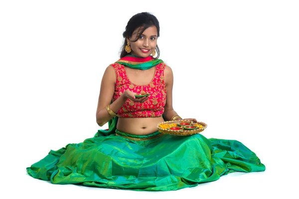 Portrait Indian Traditional Girl Holding Diya Girl Celebrating Diwali Deepavali — Stock Photo, Image