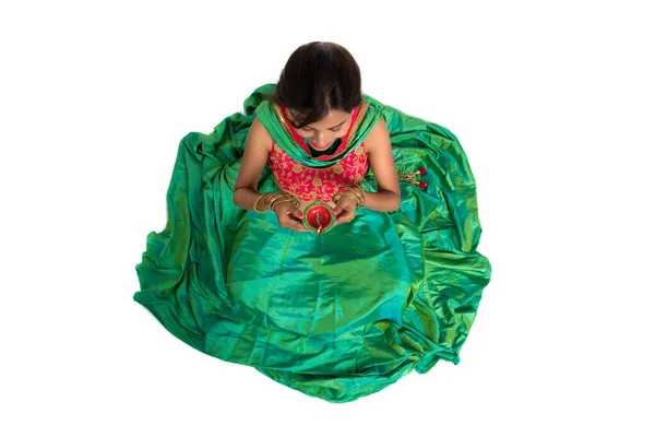 Portrait Indian Traditional Girl Holding Diya Girl Celebrating Diwali Deepavali — Stock Photo, Image