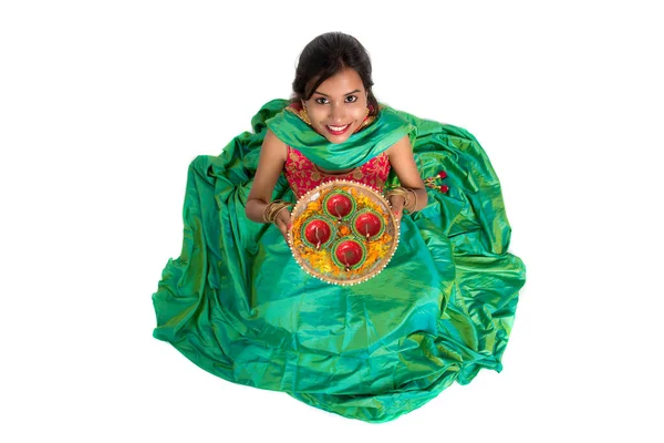 Portrait Indian Traditional Girl Holding Diya Girl Celebrating Diwali Deepavali — Stock Photo, Image