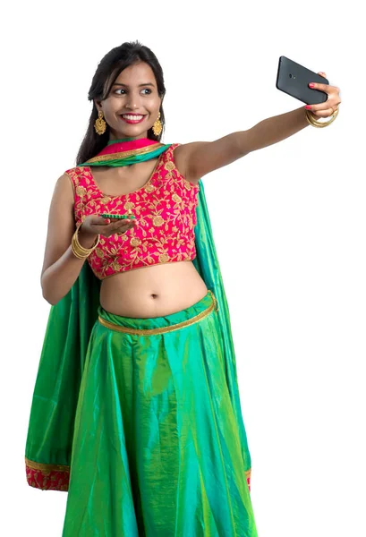 Beautiful Young Happy Girl Taking Selfie Clay Lamp Diya Festival — Stock Photo, Image