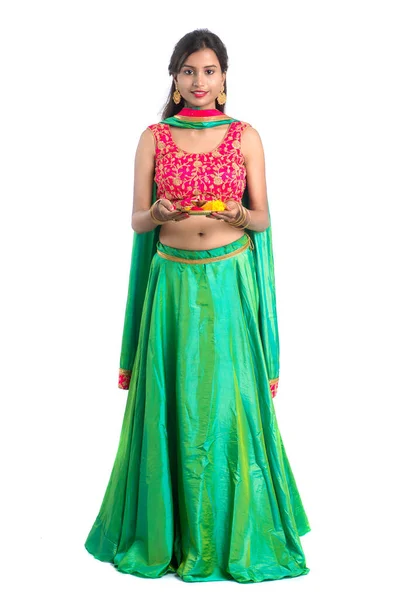 Beautiful Indian Young Girl Holding Pooja Thali Performing Worship White — Stock Photo, Image