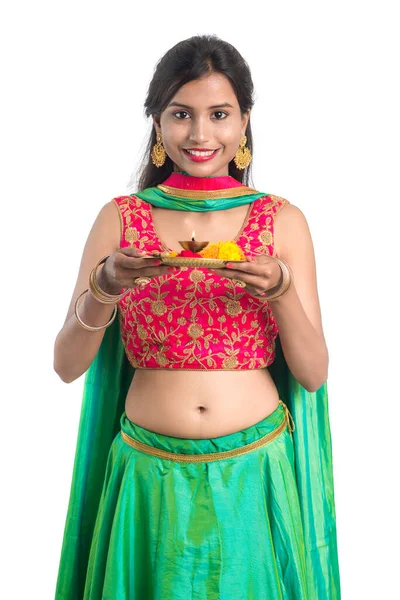 Beautiful Indian Young Girl Holding Pooja Thali Performing Worship White — Stock Photo, Image