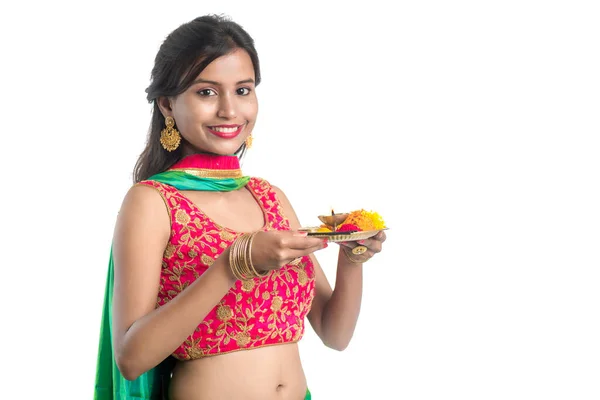 Beautiful Indian Young Girl Holding Pooja Thali Performing Worship White — Stock Photo, Image