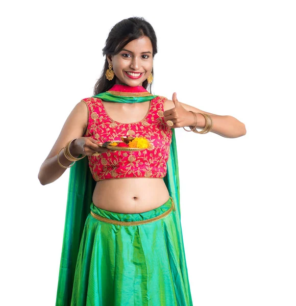 Beautiful Indian Young Girl Holding Pooja Thali Performing Worship White — Stock Photo, Image