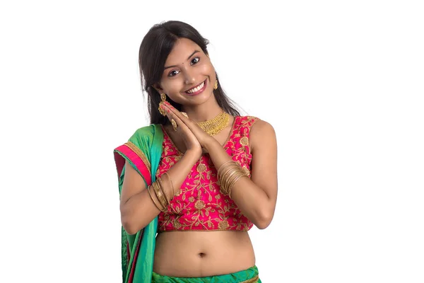 Beautiful Indian Traditional Girl Posing White Background — Stock Photo, Image