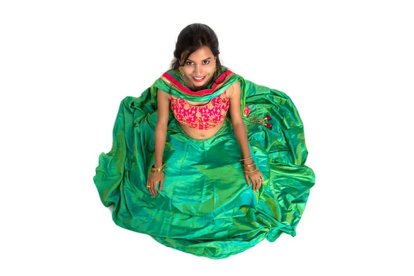 Beautiful Indian Traditional Girl Sitting Posing White Background — Stock Photo, Image