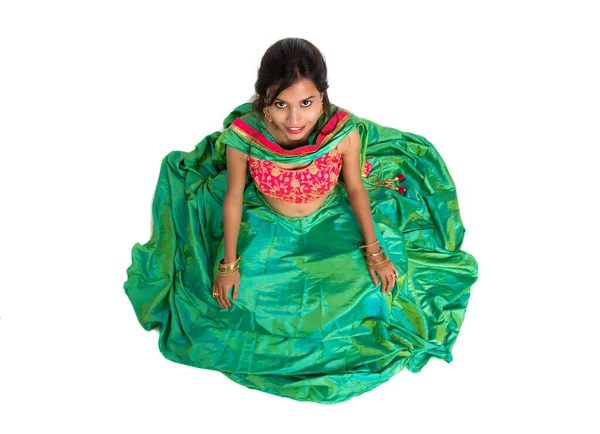 Beautiful Indian Traditional Girl Sitting Posing White Background — Stock Photo, Image